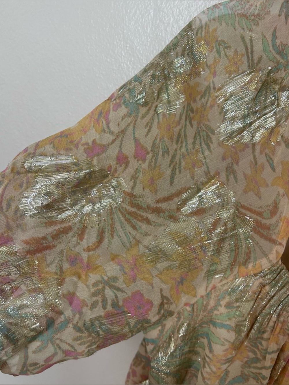 LOFT Ann Taylor Woven Floral Metallic Tie-Back Blouse Top - Picture 6 of 6